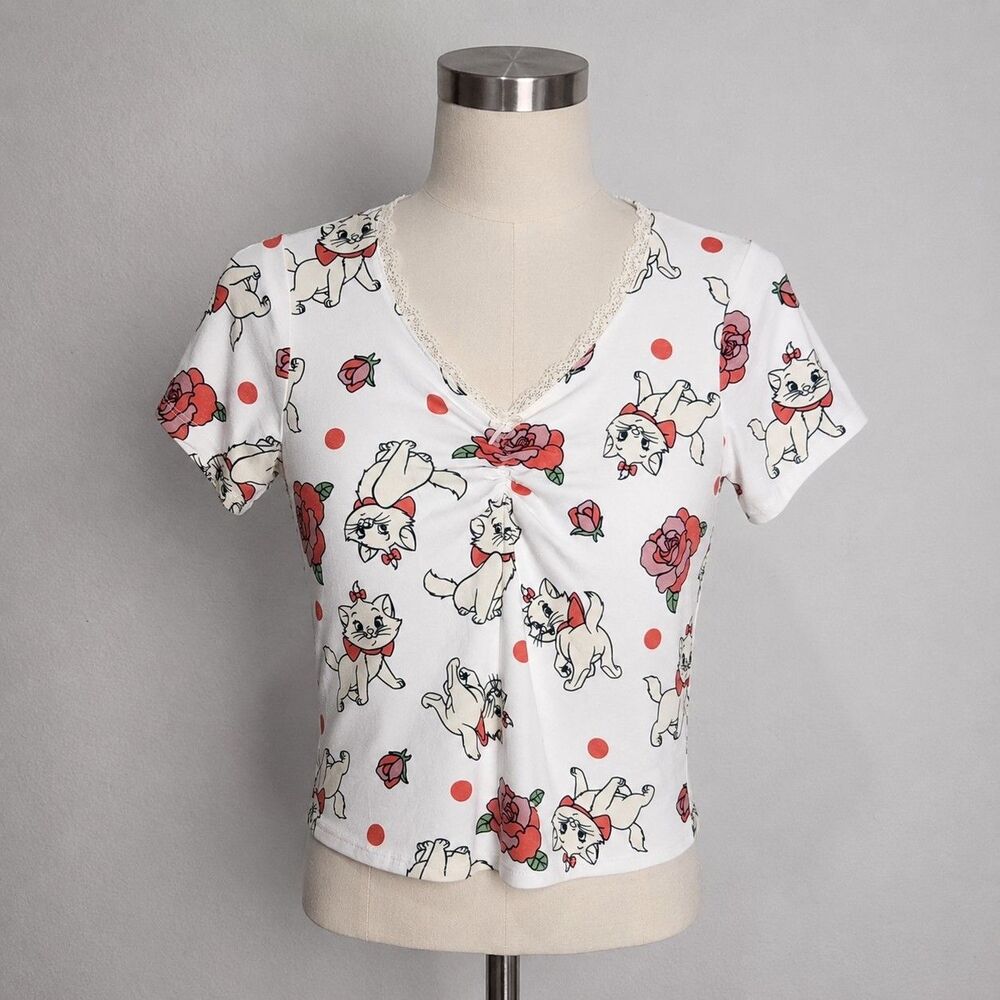 Disney Womens M Marie Cat Tee White Pink Relaxed Cotton Stretch Graphic Cute